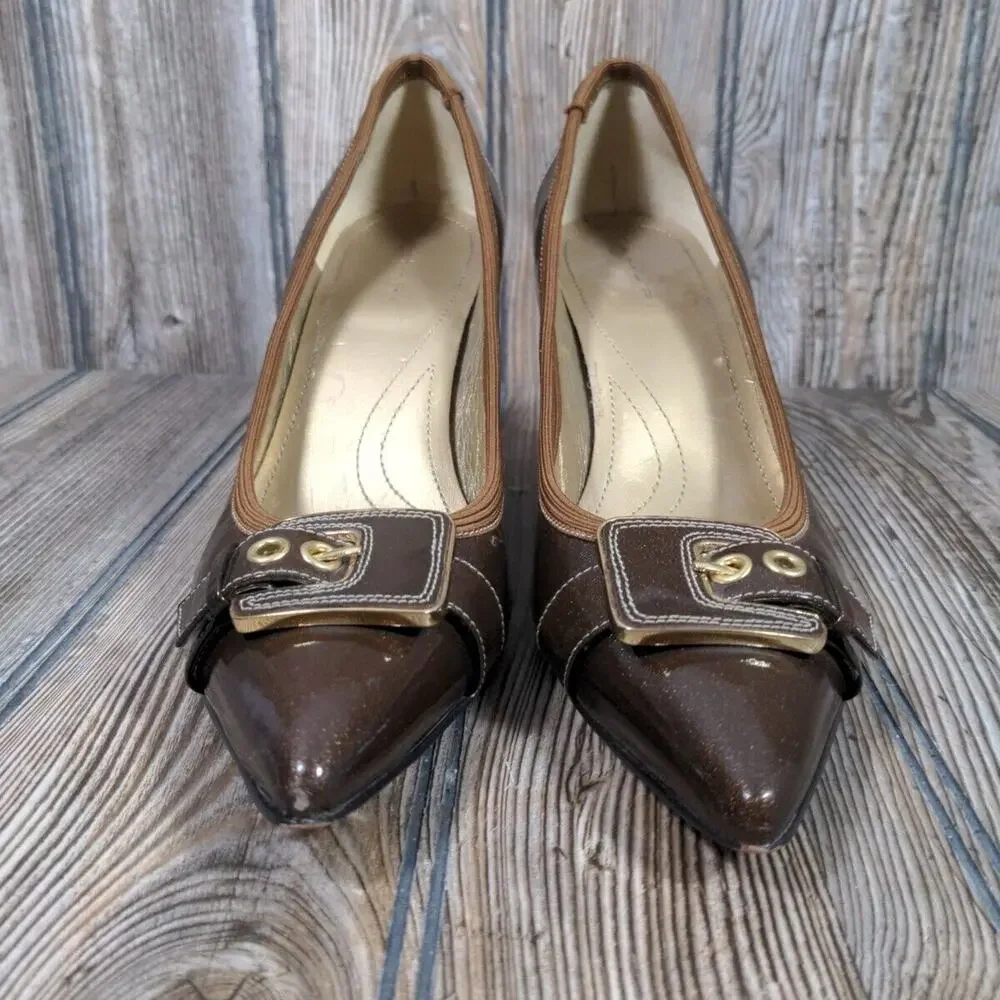 Tahari Adam Pointed Toe Heels Patent Glitter Bronze Brown‎ Designer Pumps Sz 6.5